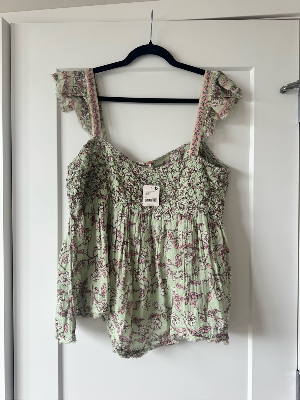 NWT Free People Mint Green Smocked Floral Ruffle Strap Camisole